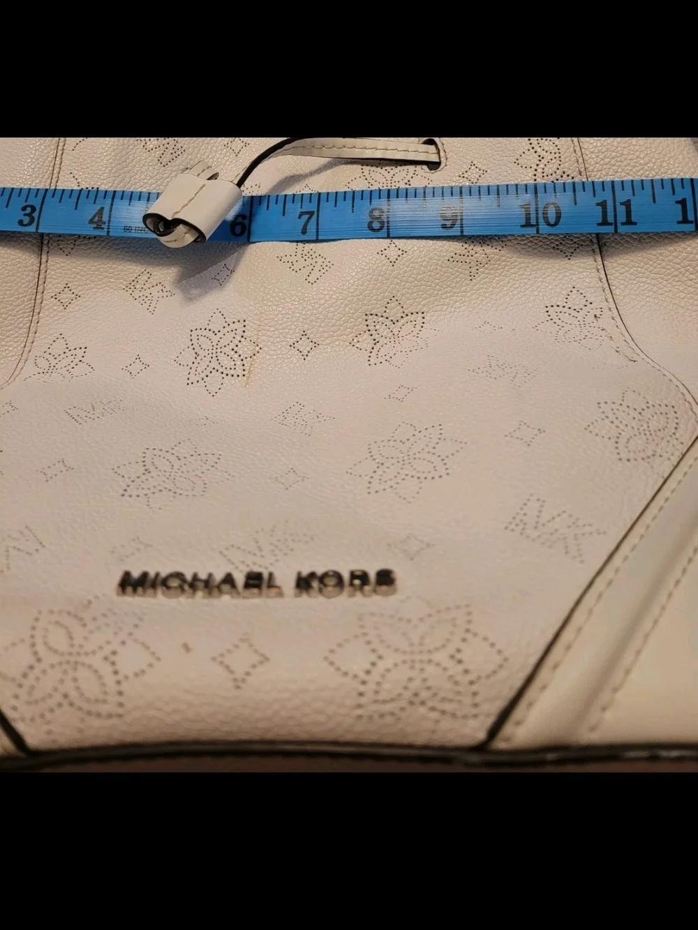 Michael Kors White Perforated Logo Bucket Bag Shoulder Purse Gold MK Charm